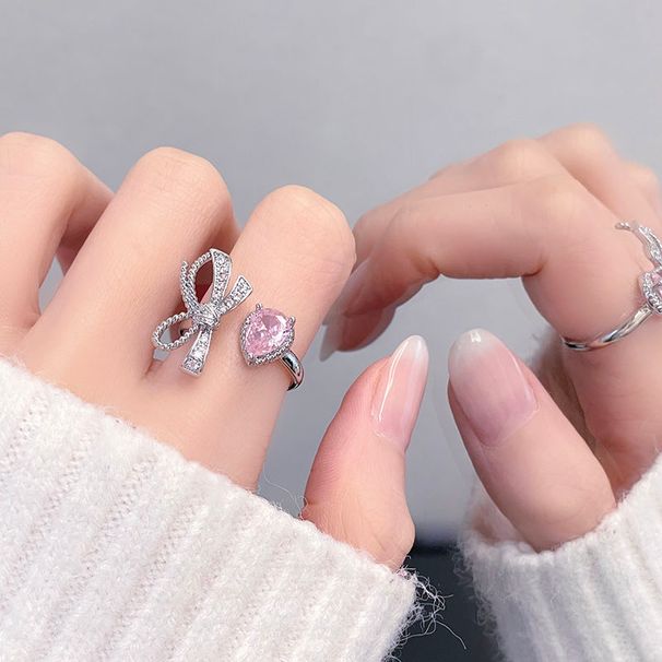 Full Pink Diamond Bow Zircon Series Open Ring With Flower Light Luxury And Premium Sense, Niche Design Ring Sense,_ipsvogv.com