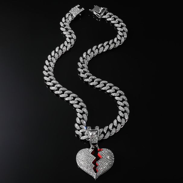 Hip hop style diamond shattered red heart pendant men's Cuban personalized collarbone chain hoodie necklace_ipsvogv.com