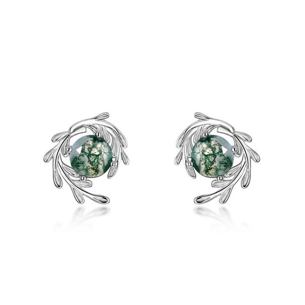 Green moss stone jewelry set S925 silver earrings women's water grass agate earrings fashionable_ipsvogv.com