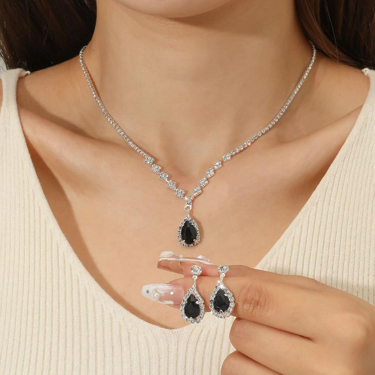 Brilliant Full Diamond Zircon Water Drop Necklace Earrings Bridal Wedding Shooting Jewelry Set_ipsvogv.com