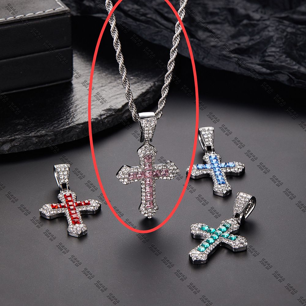 Colored diamond cross hip hop necklace men's trendy street personality net red pendant disco sweater chain accessories batch_ipsvogv.com