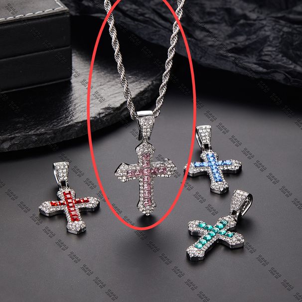 Colored diamond cross hip hop necklace men's trendy street personality net red pendant disco sweater chain accessories batch_ipsvogv.com