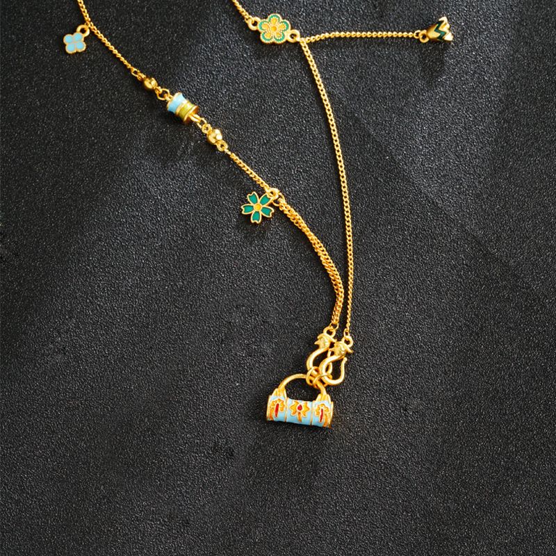 Vietnamese Sand Gold Flower Lock Bell Sweater Necklace With A Long-lasting Design That Never Fades, Antique Enamel_ipsvogv.com