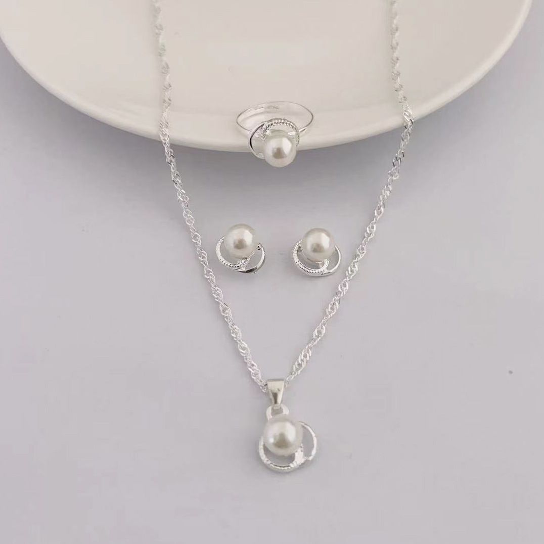 Pearl earring necklace set exquisite three piece bridal jewelry wedding banquet dress accessories_ipsvogv.com