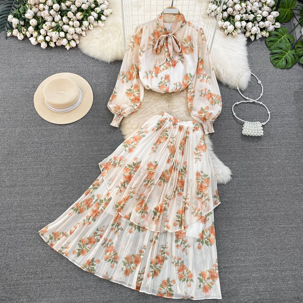 Women's Clothing light mature style, lantern long sleeves, bowknot, loose printed chiffon shirt, two-piece suit, high waist skirt_ipsvogv.com
