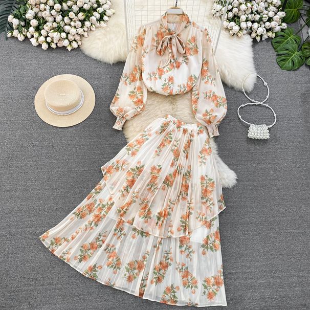 Women's Clothing light mature style, lantern long sleeves, bowknot, loose printed chiffon shirt, two-piece suit, high waist skirt_ipsvogv.com