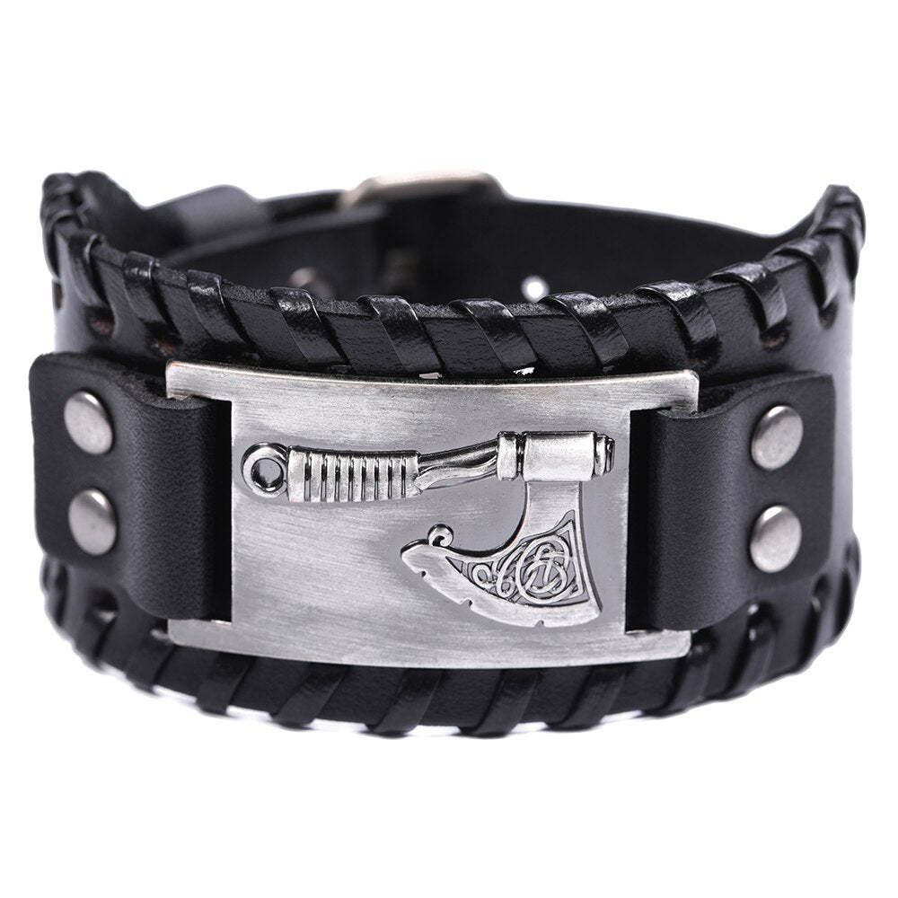 Punk Men PU Slavic Axe Wristband Hip Hop Viking Braided Leather Bracelet_ipsvogv.com
