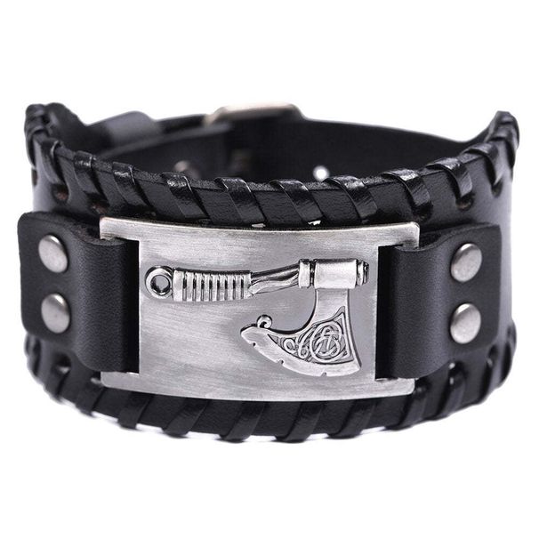 Punk Men PU Slavic Axe Wristband Hip Hop Viking Braided Leather Bracelet_ipsvogv.com