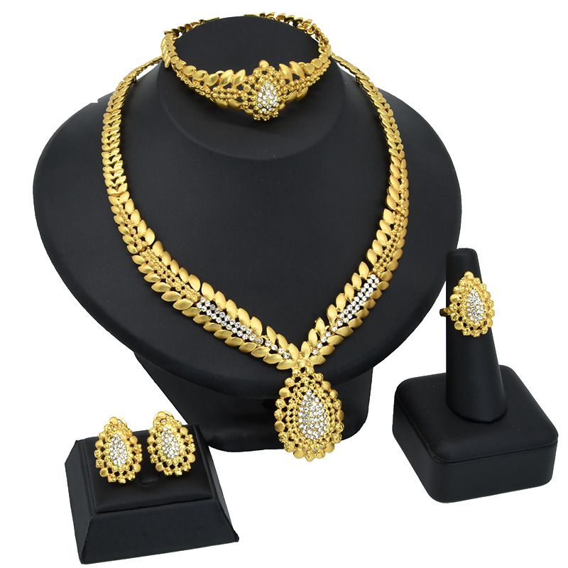 Gold jewelry set bridal necklace bracelet Earrings ring_ipsvogv.com