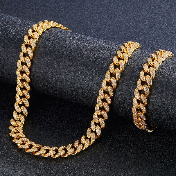 Full Diamond Cuban Chain Set High-Quality Multiple Specifications Spring Clasp 12mm Alloy Rhinestone Hip-Hop Necklace_ipsvogv.com