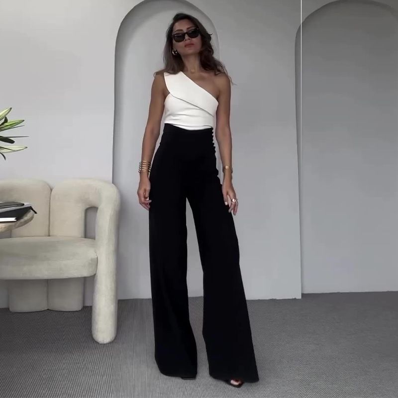 Women's Clothing fashion solid color oblique collar slim fit top high waist wide leg pants suit_ipsvogv.com