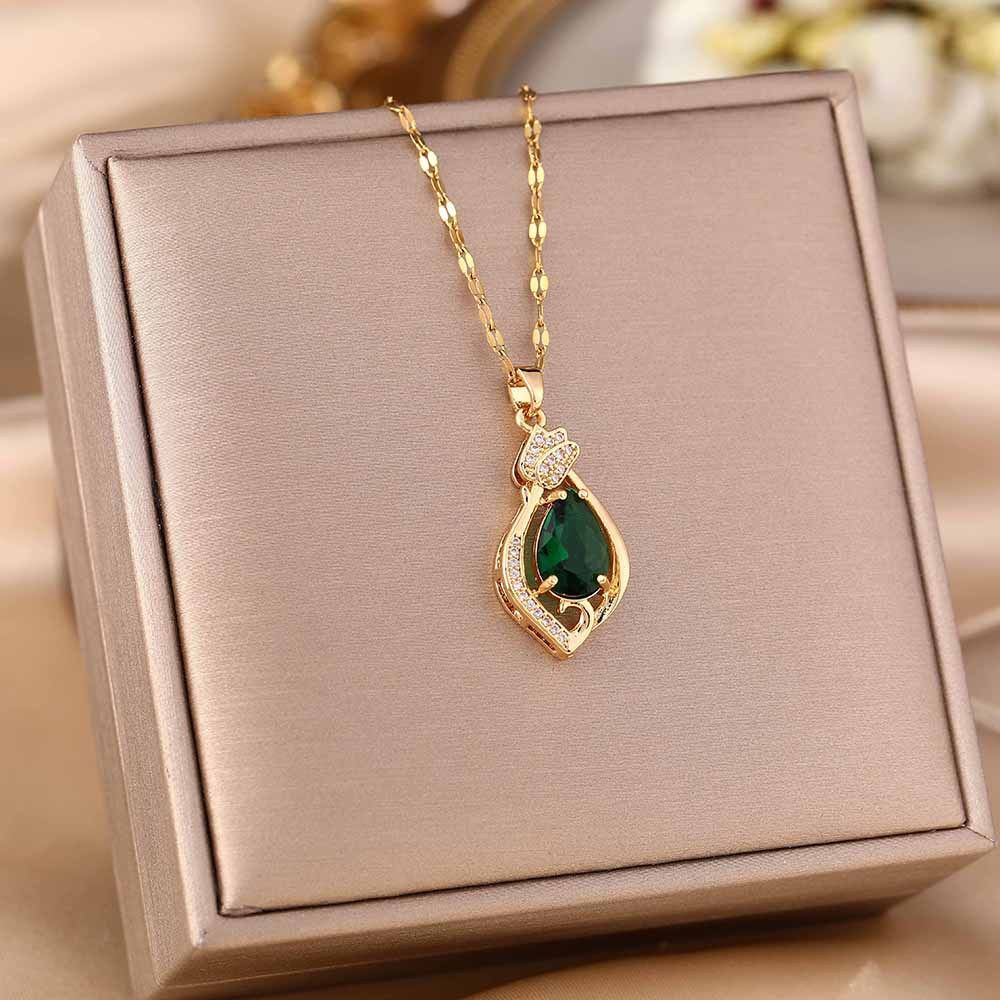 Live Broadcast Inlaid High-end Non Fading Emerald Zircon Steel Necklace For Women's Summer Water Drop_ipsvogv.com