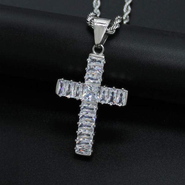 316 stainless steel gold plated inlaid AAA rectangular zircon cross pendant_ipsvogv.com