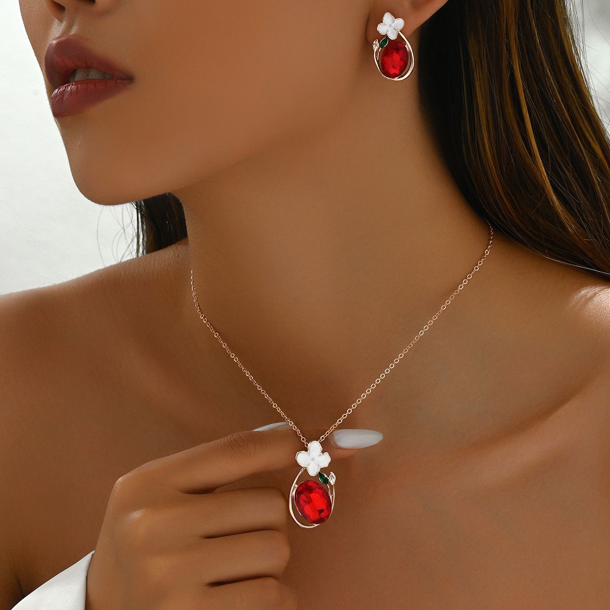 Sweet and fresh countryside style Korean version earrings, necklace, jewelry set, personalized inlaid flower design,_ipsvogv.com