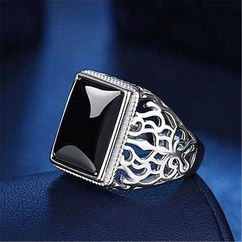 Tree Of Life Hollow Square Black Zircon Agate Adjustable Obsidian Chalcedony Men's Ring_ipsvogv.com