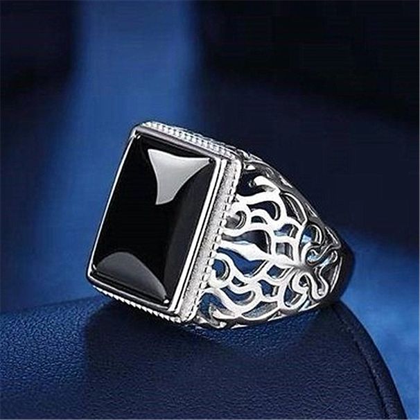 Tree Of Life Hollow Square Black Zircon Agate Adjustable Obsidian Chalcedony Men's Ring_ipsvogv.com