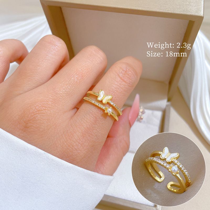 【 Real Gold 】 Shell Butterfly Full Diamond With Adjustable Opening, Simple Handmade Ring, Couple's Pair Ring_ipsvogv.com