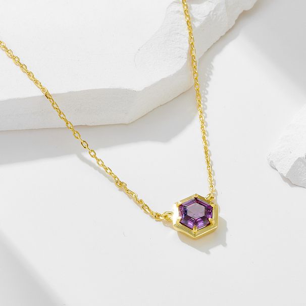 Women's Jewelry 925 Sterling Silver Hexagonal Amethyst Zircon Pendant Necklace Light Luxury Ins Simple Geometric Colored Gem Clavicle Chain_ipsvogv.com