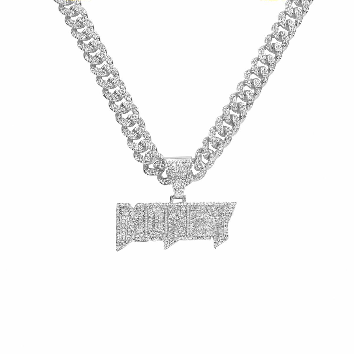 Hip hop full diamond letter MONEY pendant necklace trendy exaggerated punk Cuban bone chain jewelry_ipsvogv.com