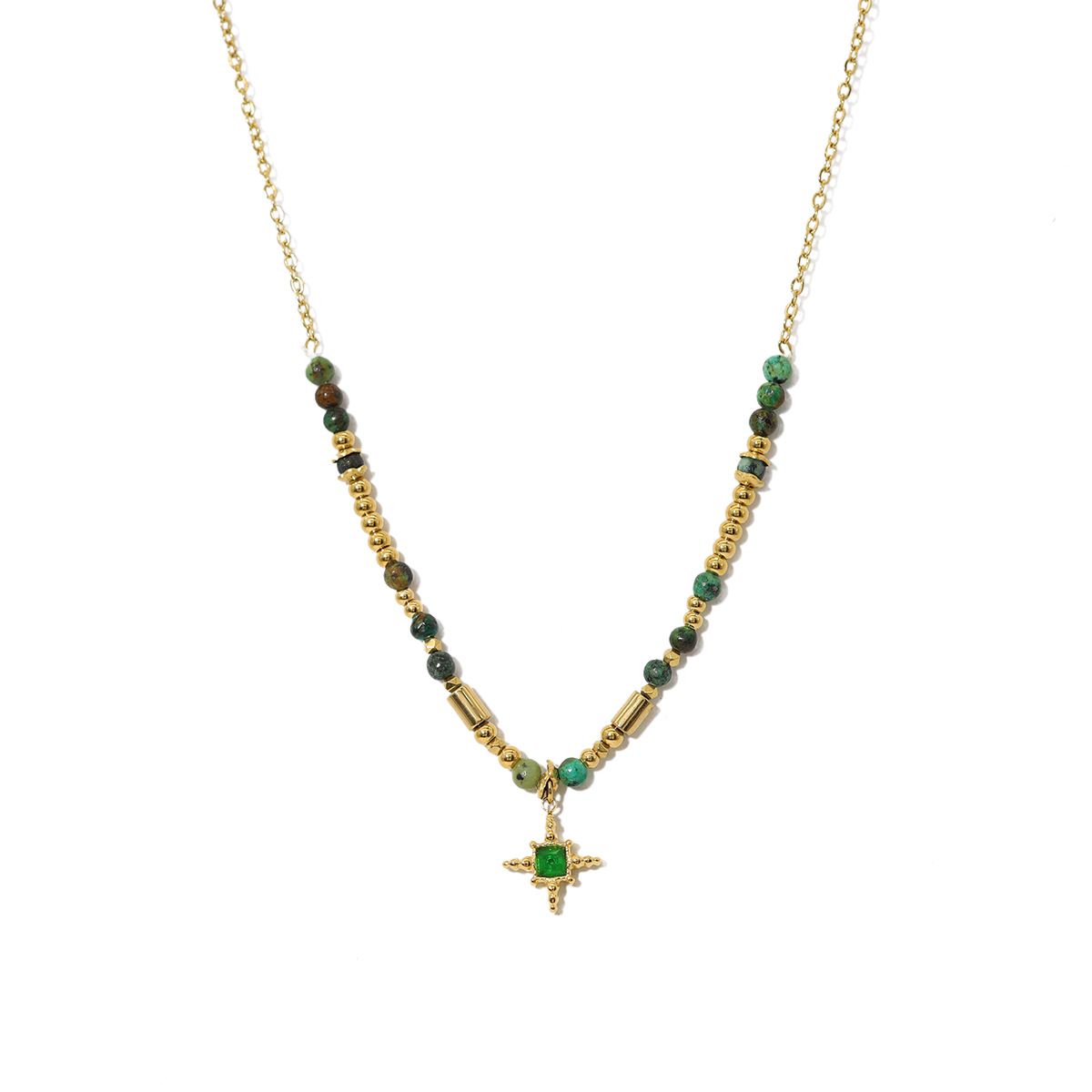 INS French New Titanium Steel Necklace Plated With K Gold Natural Stone Beads Four Pointed Star Zircon Pendant Clavicle Chain Necklace_ipsvogv.com