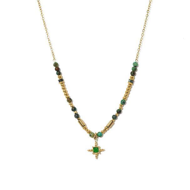 INS French New Titanium Steel Necklace Plated With K Gold Natural Stone Beads Four Pointed Star Zircon Pendant Clavicle Chain Necklace_ipsvogv.com