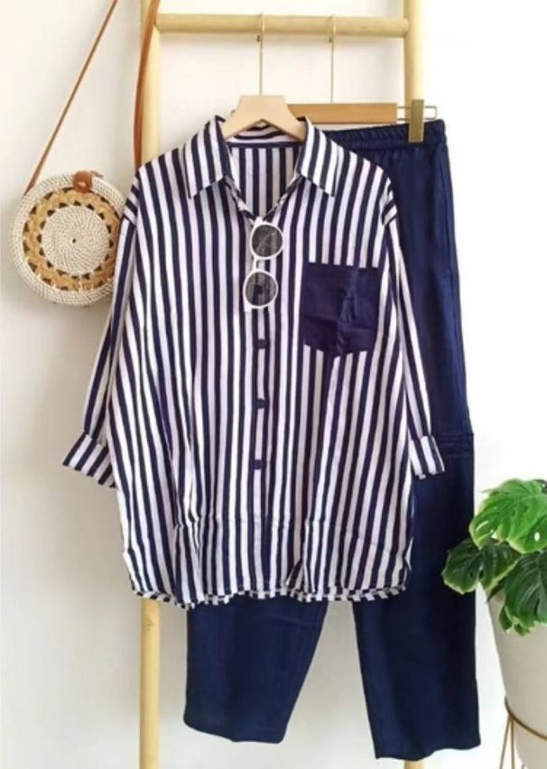 Women's Plus Size Women's Clothing Summer Slightly Fat MM Fashionable Loose Slim Comfortable Casual Striped Suit_ipsvogv.com