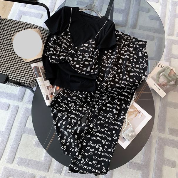Women's Clothing Sports suits for women summer new style fashionable versatile high-end black short-sleeved wide-leg pants two-piece suit_ipsvogv.com
