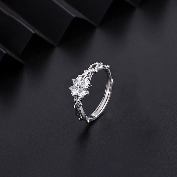 S999 Sterling Silver Thorn Four Leaf Clover Ring Female Fashion Personality Adjustable Ring Retro Forest Index Finger Ring_ipsvogv.com