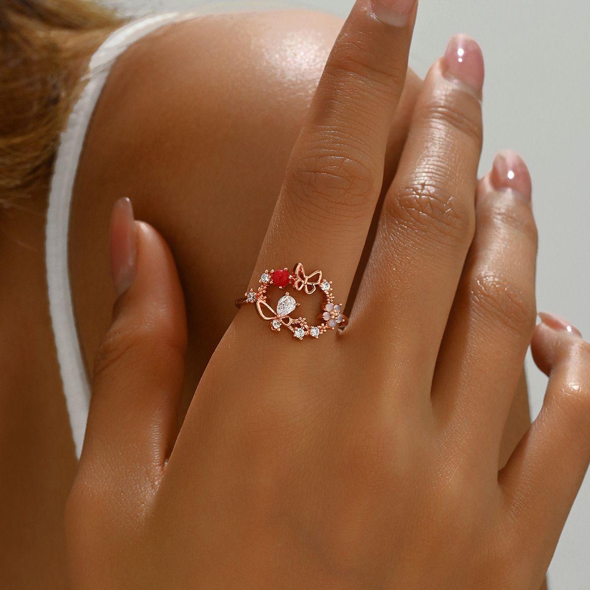 Simple, fresh and sweet women's plain ring, personalized bow, niche zircon inlaid design, open ring_ipsvogv.com