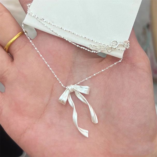 New French Style Light Luxury For Women, Niche Matte 3D Bow Necklace With Ribbon, Fairy-like Collarbone Chain_ipsvogv.com