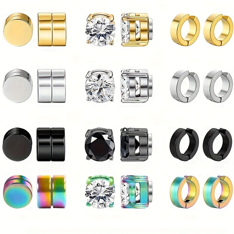 12 Pairs Of Stainless Steel Earrings Without Piercings, Ear Clips With Diamonds And Zircon Magnet Suction Earrings Combination Set_ipsvogv.com