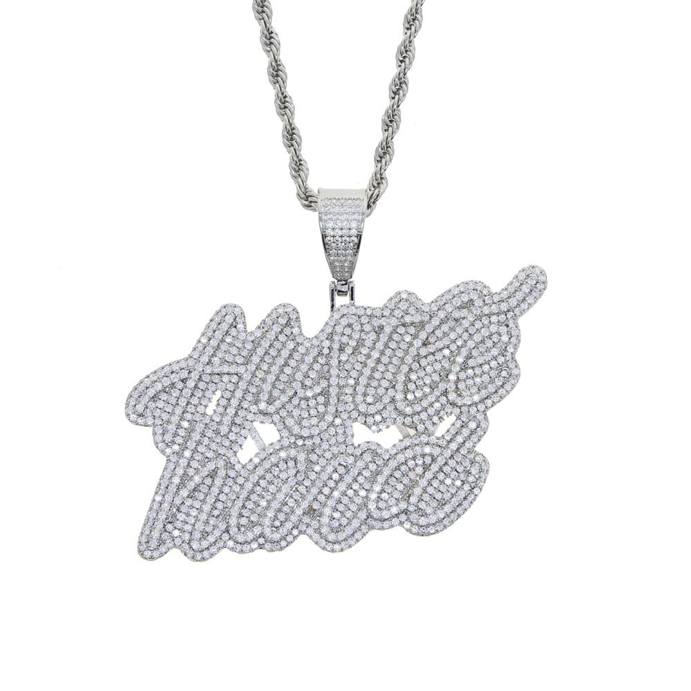 Men's Hustle Hard Pendant Necklace With Zircon Stones - Stylish Letter Design For Trendy Look - Adjustable Chain 51-80cm (Silver/Gold) Zircon Necklace_ipsvogv.com