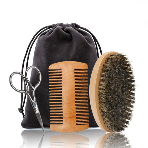 3pcs/set Men's Beard Grooming Tool Set Double-Sided Solid Wood Beard Comb Boar Bristle Cleaning Brush Beard Brush Stainless Steel Scissors _ipsvogv.com