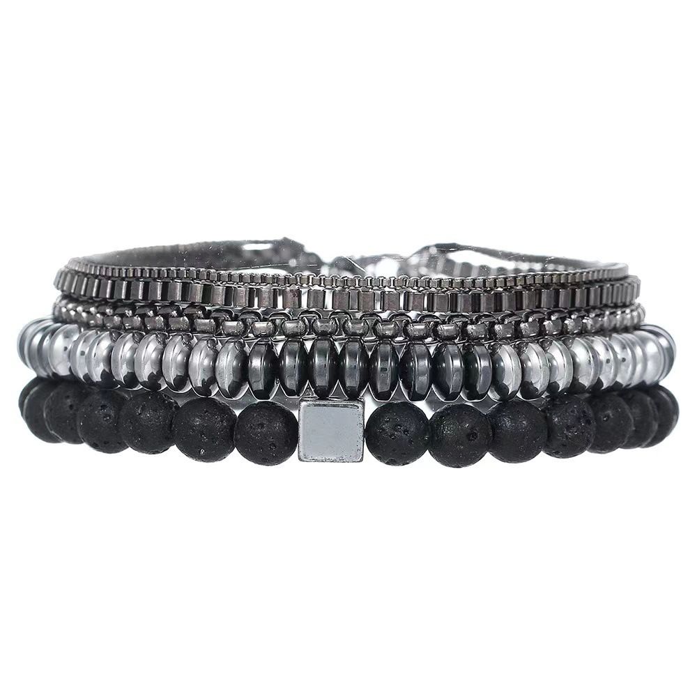 Fashion Personality Volcanic Stone Black Gallstone Elastic Multi-layer Stacking Men's Hip-hop Chain Bracelet Set_ipsvogv.com