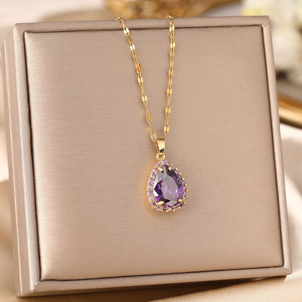 Purple Zircon Water Droplet Titanium Steel Necklace, Women's Collarbone Chain Style, French Romantic Classic Style_ipsvogv.com