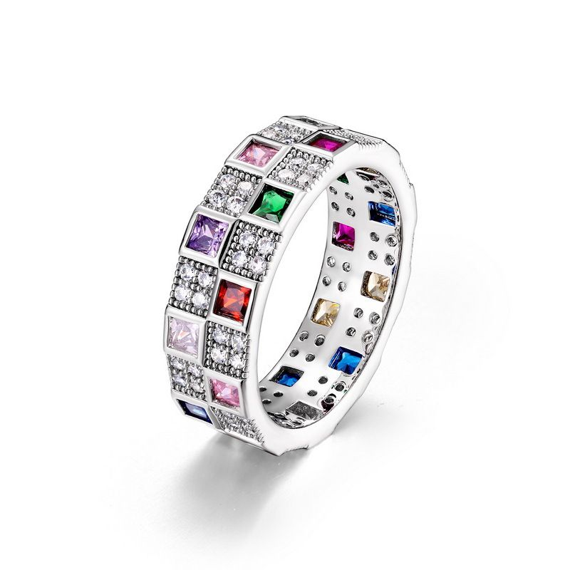 S925 Sterling Silver Exquisite Rainbow Checkerboard Inlaid Zircon Ring INS Fashion Trend Index Finger Ring_ipsvogv.com