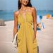 Women's Clothing deep V halterneck sleeveless pleated pocket back tie wide leg cuff long jumpsuit_ipsvogv.com