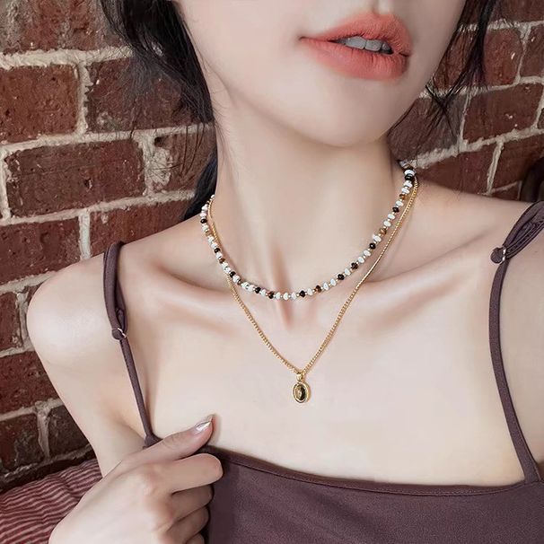 New Double-layer Tiger Eye Stone Bead Layered Necklace For Women, Light Luxury, Niche, Collarbone Chain, Sweet, Cool,_ipsvogv.com