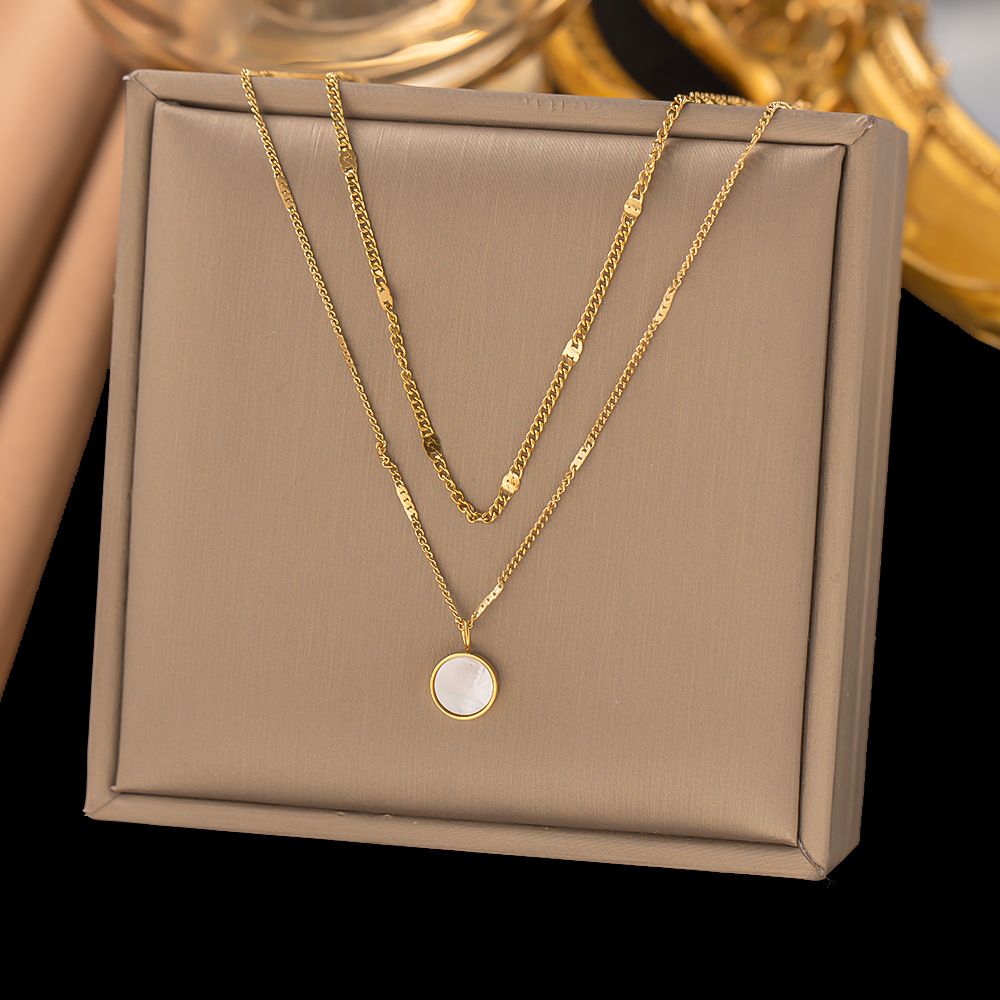 Double Layered White Shell Round Non Fading Lock Bone Chain Women's Titanium Steel Gold Plated Pendant_ipsvogv.com