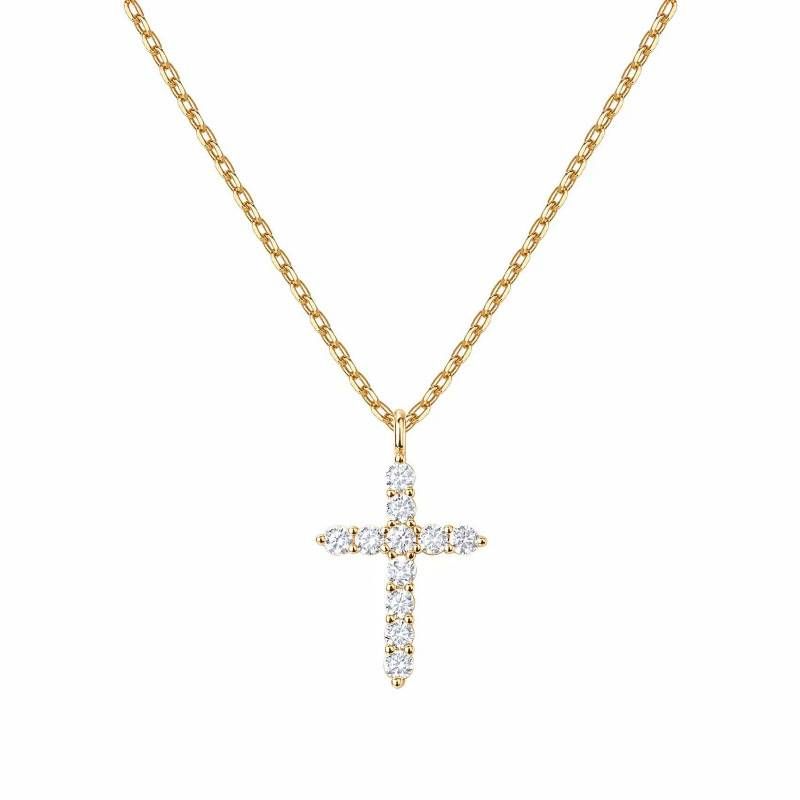 S925 Sterling Silver Plated With 14k Gold Cross Necklace With Full Diamonds For Women Clavicle Pendant Fashionable And Versatile High End_ipsvogv.com