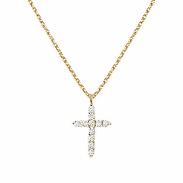 S925 Sterling Silver Plated With 14k Gold Cross Necklace With Full Diamonds For Women Clavicle Pendant Fashionable And Versatile High End_ipsvogv.com
