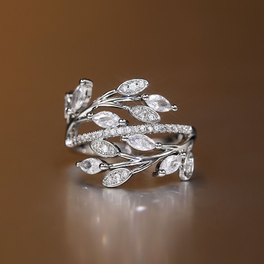 Cao Shi Entwined Leaves Ring, Female Creative Personality, Flower Leaves, Vine, Octagonal Flower, Zircon Ring_ipsvogv.com