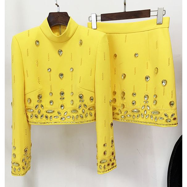 Women's Clothing celebrity fashion new heavy beaded diamond short top skirt suit two piece suit_ipsvogv.com