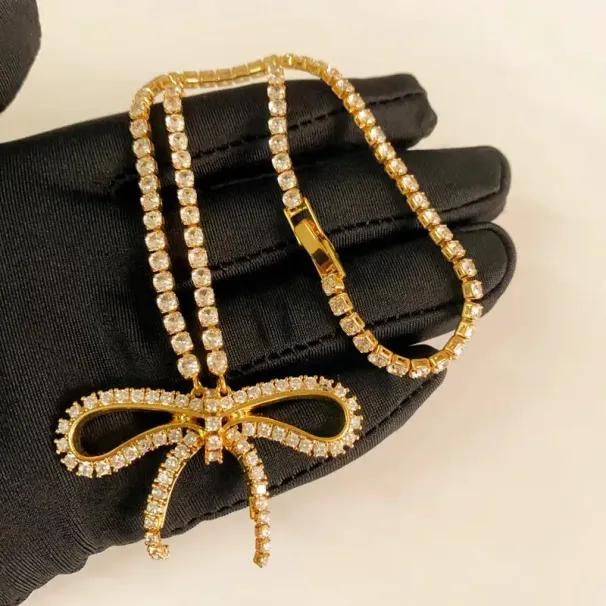 Paris B Brand Bowknot designer necklace for women gold geometry woman sweet bow knot chain choker shine nature diamond_ipsvogv.com