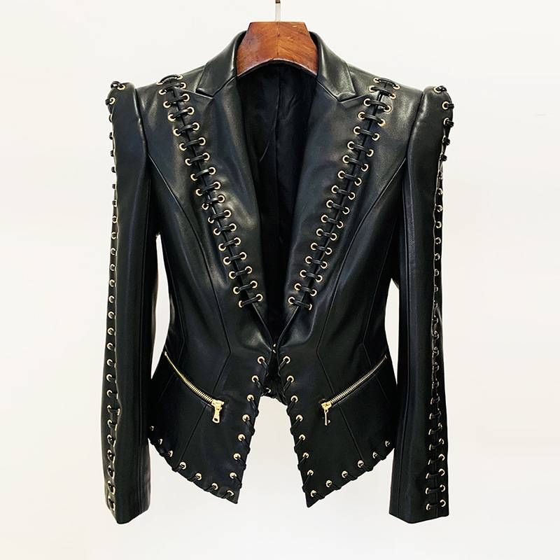 Women's Clothing fashion heavy eyelet rope slim leather suit jacket coat_ipsvogv.com