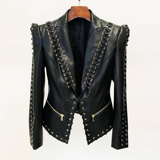 Women's Clothing fashion heavy eyelet rope slim leather suit jacket coat_ipsvogv.com