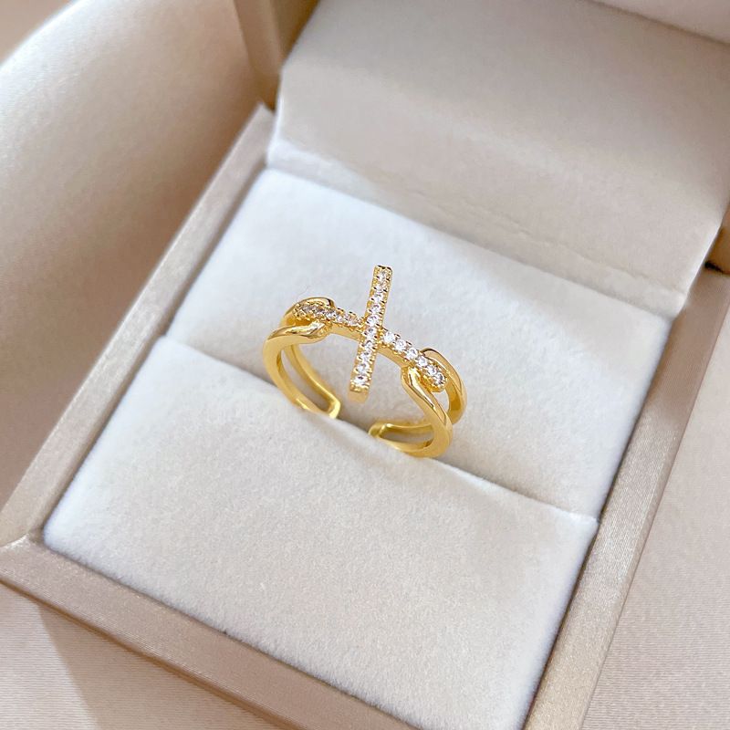 【 Real Gold Plating 】 Open Cross Women's Fashion Micro Inlay Light Luxury Finger Ring, Index Finger Ring, Netting Red,_ipsvogv.com