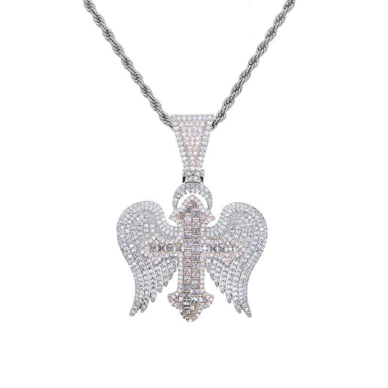 Men's Hip-Hop Cross Wing Pendant Necklace With Zircon, Stainless Steel Chain, 60cm, Rose Gold & White Gold Hip Hop Necklace Accessories_ipsvogv.com