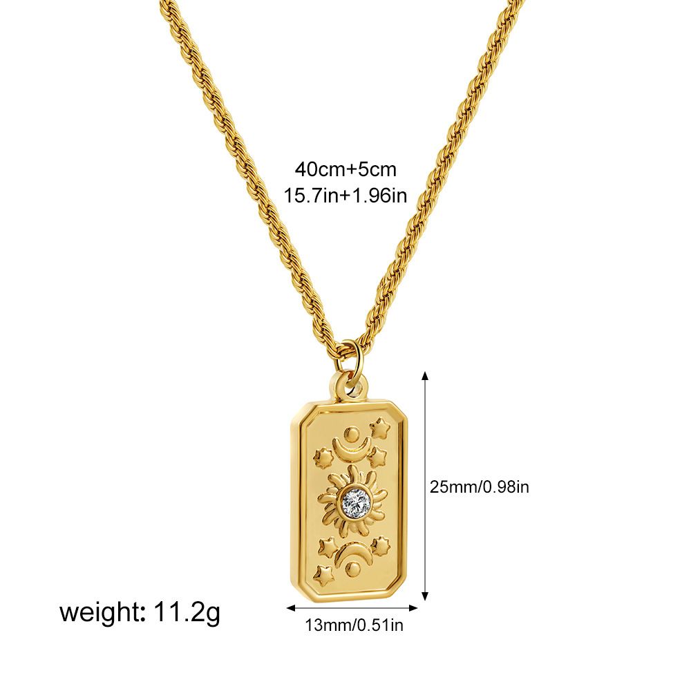 Hot Sale Vacuum Plated Gold Zircon Necklace Stainless Steel Square Sun Star Seal Pendant Necklace_ipsvogv.com