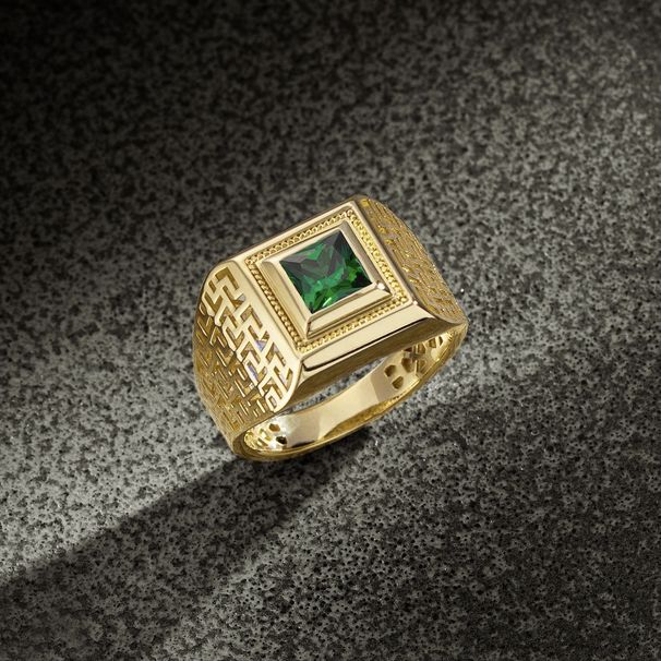 Sanjie 2024 New Gold-plated Simple And Fashionable Square Diamond Green Zircon Men's Striped Ring_ipsvogv.com